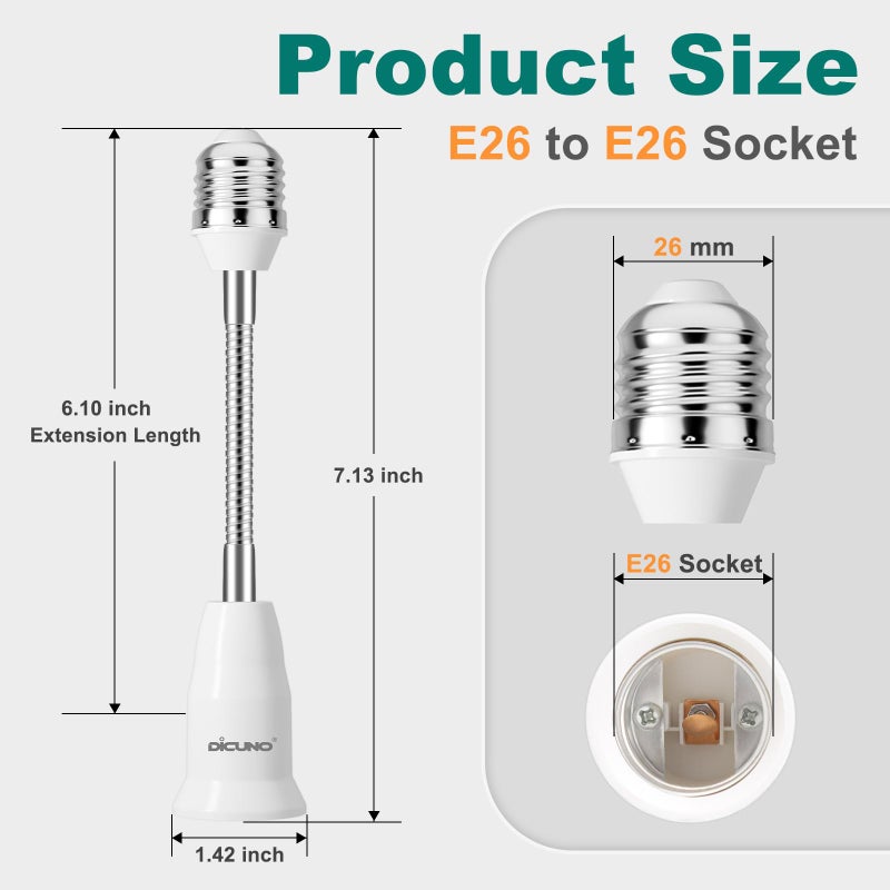 DiCUNO E26 15.5CM/6.1Inch Extension Socket Extender Adapter, E26 Flexible Extender, All-Directional Adjustable, Standard Light Bulb Socket Extension Converter, 2-Pack - Image 3